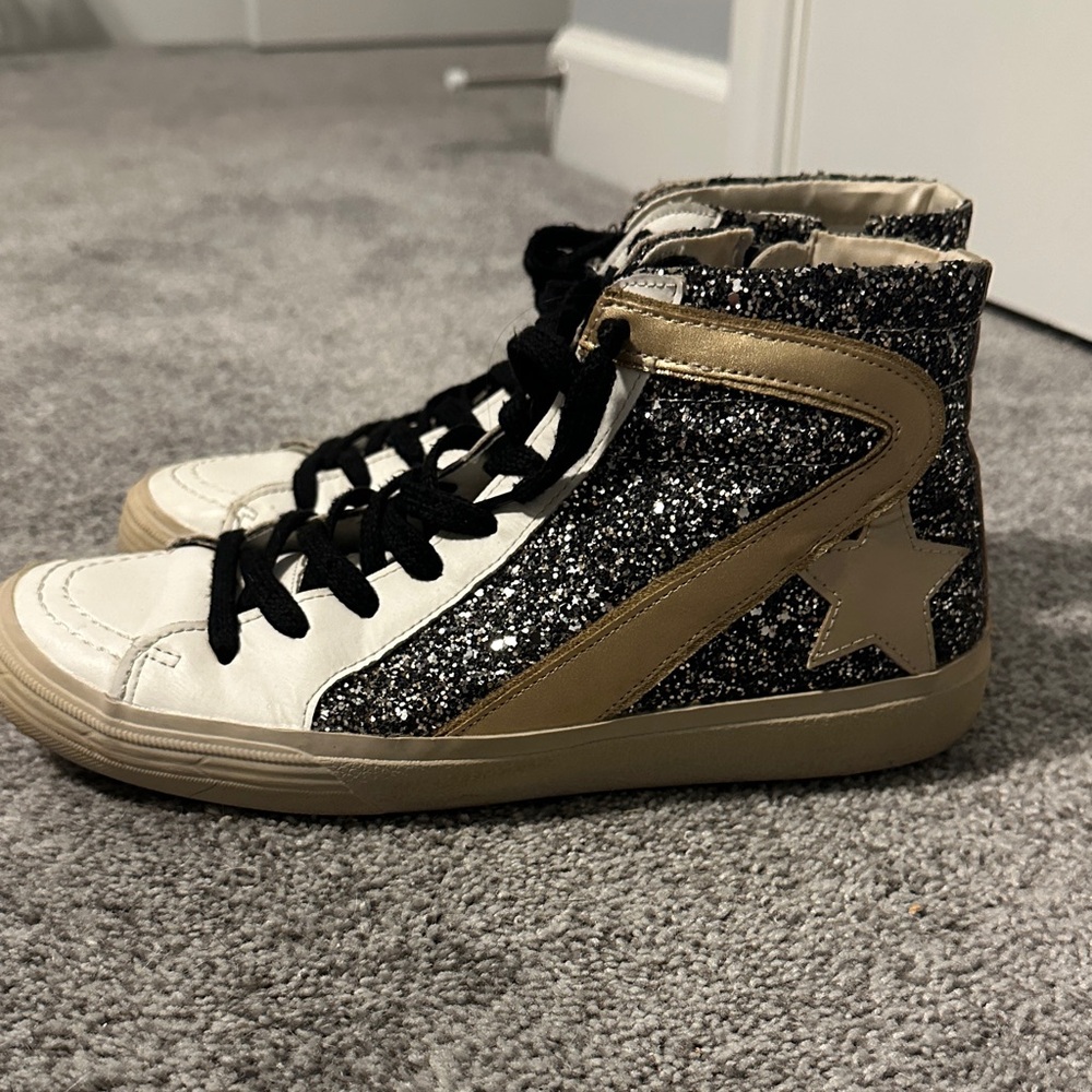 Golden Goose Black and Gold Glitter High-Top Sneakers